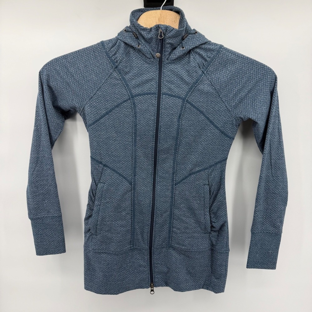 Athleta Full Zip Hoodie Women XS Blue Textured Knit Thumbhole Ruched 943066